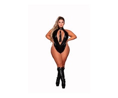 Dreamgirl Plus Size Faux Halter Teddy &amp; Flogger Set, Juodas, Adjustable Fit