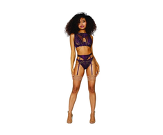 Dreamgirl Lace &amp; Mesh 3-Piece Lingerie Set XL Aubergine Metallic Finish