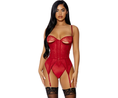 Forplay Peek Show Lingerie Set S - Lace Bodysuit &amp; Garter Belt, Juodas