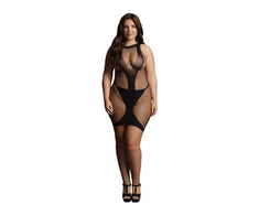 Shots Leg Avenue Plus Size High Neck Net Mini Dress with V Accent, Juodas