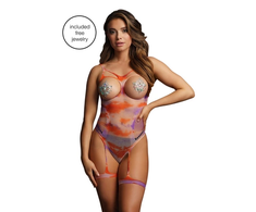 Shots Allure Open-Cup Tie Dye Bodystocking with Decorative Bling Stickers, One Size