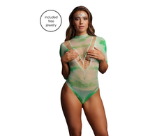 Shots Leg Avenue Short Sleeve Tie-Dye Fishnet Bodysuit &amp; Face Jewel Set, Multicolor