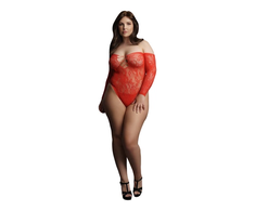 Shots Wonder Rhinestone Lace Bodysuit Plus Size Raudona Off-Shoulder 1XL-3XL