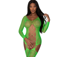 Magic Silk Seamless Fishnet Bodystocking with Gartered Thigh Highs Lime One Size