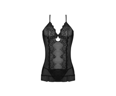 Magic Silk Exposed Chemise &amp; Mesh Briefs Set L/XL Juodas Lace Detail