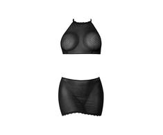 Magic Silk Exposed Polka Dot Mesh Halter Top &amp; Mini Skirt Set L/XL Juodas