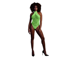 Ouch By Shots Neon Lingerie Bodysuit by Shots - Halter Neck, UV Reactive, Neon Žalias