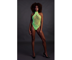 Ouch By Shots Neon Lingerie Bodysuit by Shots - Halter Neck, UV Reactive, Neon Žalias