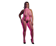 Ouch By Shots NEON Bodystocking by Shots - Halterneck, UV-Activated, Neon Rožinė, XS-XL