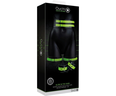 Ouch By Shots Ouch! Glow in the Dark Thigh Cuffs &amp; Belt Set S/M - Luminous Žalias