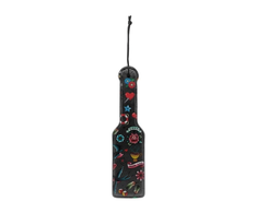 Ouch By Shots Ouch! Leather Paddle with Printed Design, Adjustable Wrist Strap, Juodas