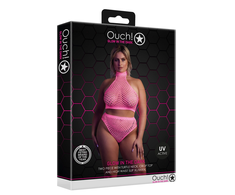 Ouch By Shots Shots Neon Glow Set Turtle Neck Crop Top &amp; High Waist Panty UV Rožinė XL