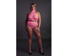 Ouch By Shots Shots Neon Glow Set Turtle Neck Crop Top &amp; High Waist Panty UV Rožinė XL