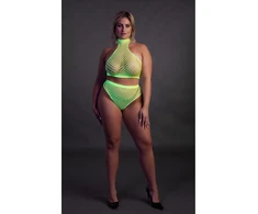 Ouch By Shots Shots Neon UV Set - Turtle Neck Crop Top &amp; High Waist Panty, Neon Žalias