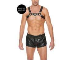 Ouch By Shots Bulldog Leather Chest Harness S/M - Adjustable Straps, Juodas Bonded Leather