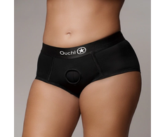 Ouch By Shots Satisfyer Vibrating Strap-On Brief XL/XXL - Juodas, 10-Speed Bullet, Adjustable Fit