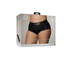 Ouch By Shots Satisfyer Vibrating Strap-On Brief XL/XXL - Juodas, 10-Speed Bullet, Adjustable Fit