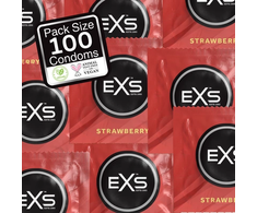 EXS Strawberry Flavoured Latex Condoms 100-Pack - Sweet Scented, Raudona, Large