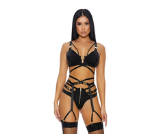 Forplay Dreamgirl Buckle Up 3-Piece Lingerie Set with Gold Accents XL