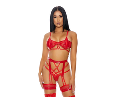 Forplay Allure Double The Fun Lingerie Set XL - Mesh &amp; Vinyl 3-Piece Set