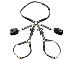 XR Brands Bondage Harness M/L Juodas - Adjustable Faux Leather with Bows