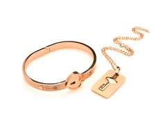 Xr Brands Cuffed Rose Gold Locking Bracelet &amp; Key Pendant Necklace Set
