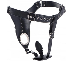 XR Brands Master Series Leather Chastity Harness with Silicone Plug, Adjustable