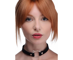 XR Brands Kinky Kitty Slim PU Leather Choker Juodas Adjustable Ring