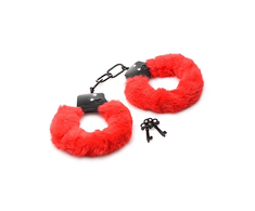 XR Brands Furry Adjustable Raudona Restraint Handcuffs with Keys 4.5-7in