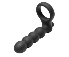 XR Brands Double Fun Silicone Ring with Vibrating Beaded Extension Juodas