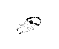 Xr Brands Master Series Silicone Ball Gag &amp; Adjustable Nipple Clamp System Juodas