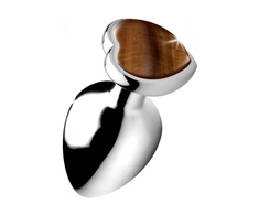 XR Brands Heart Plug Large - Aluminum &amp; Tiger Eye Gem, 3 Inch