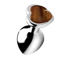 XR Brands Heart-Shaped Tiger Eye Medium Plug - Brown Metal, 3 Inch