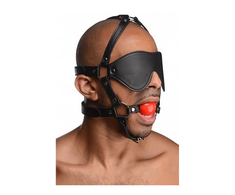 Xr Brands Sex &amp; Mischief Blindfold Harness with Raudona Ball Gag Adjustable Juodas
