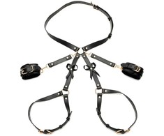 XR Brands Bondage Harness M/L Juodas - Adjustable Faux Leather with Bows