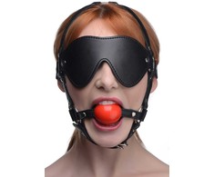 Xr Brands Sex &amp; Mischief Blindfold Harness with Raudona Ball Gag Adjustable Juodas