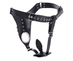 XR Brands Master Series Leather Chastity Harness with Silicone Plug, Adjustable