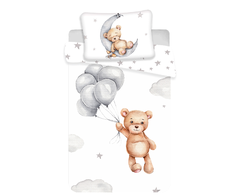 Patalynė bawełniana 100x135 Meškiukas baloniki gwiazki 7547 balta pilka księżyc chmurki Teddy Bear dziecięca do łóżeczka poszewka 40x60