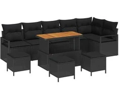 Lauko baldų komplektas Sodo Sofų Rinkinys su pagalve 10 pcs Juoda Poli ratanas