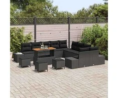 Lauko baldų komplektas Sodo Sofų Rinkinys su pagalve 14 pcs Juoda poliratanas