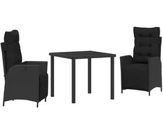 Lauko baldų komplektas Sodo valgomojo komplektas su pagalve 3 pcs Juoda poliratanas