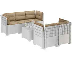 5-vietė sodo sofa su pagalvėlėmis Rataninio išvaizdos PP Balta