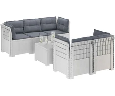 5-vietė sodo sofa su pagalvėlėmis Rataninio išvaizdos PP Balta