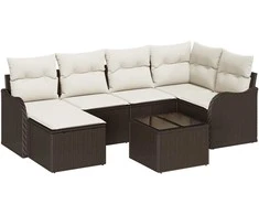 Lauko baldų komplektas Sodo Sofų Rinkinys su pagalve 7 pcs Ruda ir balta Poli ratanas