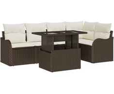 Lauko baldų komplektas Valgomojo komplektas su pagalve 6 pcs Ruda Poli ratanas