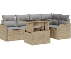 Lauko baldų komplektas Valgomojo komplektas su pagalve 6 pcs Smėlio Poli ratanas