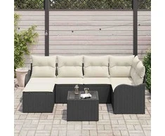 Lauko baldų komplektas Sodo Sofų Rinkinys su pagalve 7 pcs Juoda ir balta Poli ratanas