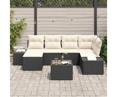 Lauko baldų komplektas Sodo Sofų Rinkinys 6 pcs Juoda ir kreminė poliratanas