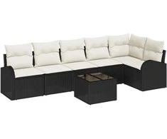 Lauko baldų komplektas Sodo Sofų Rinkinys su pagalve 7 pcs Juoda ir Balta poliratanas