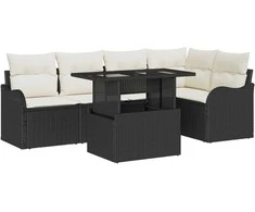 Lauko baldų komplektas Valgomojo komplektas su pagalve 6 pcs Juoda Poli ratanas